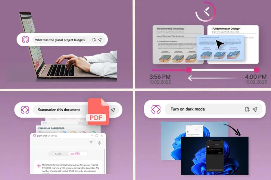 LG Gram 17Z90UB-H.AU75U3 laptop showing AI assistant features including budget queries, document summarization, presentation navigation, and dark mode activation