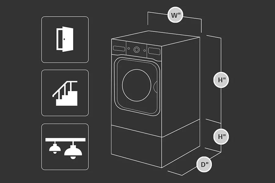Front load laundry appliance depicting width, height, and depth measurements.