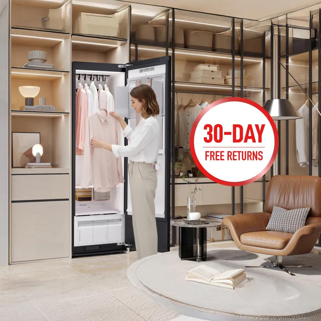 LG Styler® Steam Closet appears in bright living room setting. “30-Day Free Returns” badge.