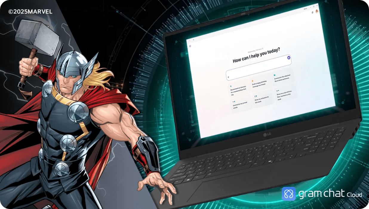 Thor with a hammer, wearing a helmet and red cape, stands beside an open LG gram laptop. The screen of the laptop displays a digital assistant interface. Logos for gramChat Cloud and ©2025MARVEL are visible.
