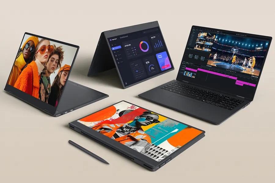 LG 16T95TP-K.AD89U1 laptop shown in four different flexible positions displaying various content with stylus pen for versatile use