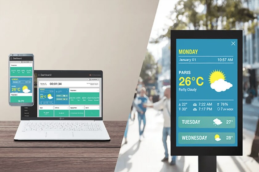 Computers and an outdoor display showing weather information for Paris, highlighting 26°C and partly cloudy conditions.