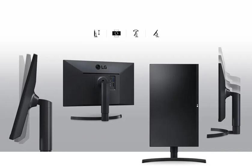 Three views of an adjustable LG computer monitor showing tilt, height, and pivot features.