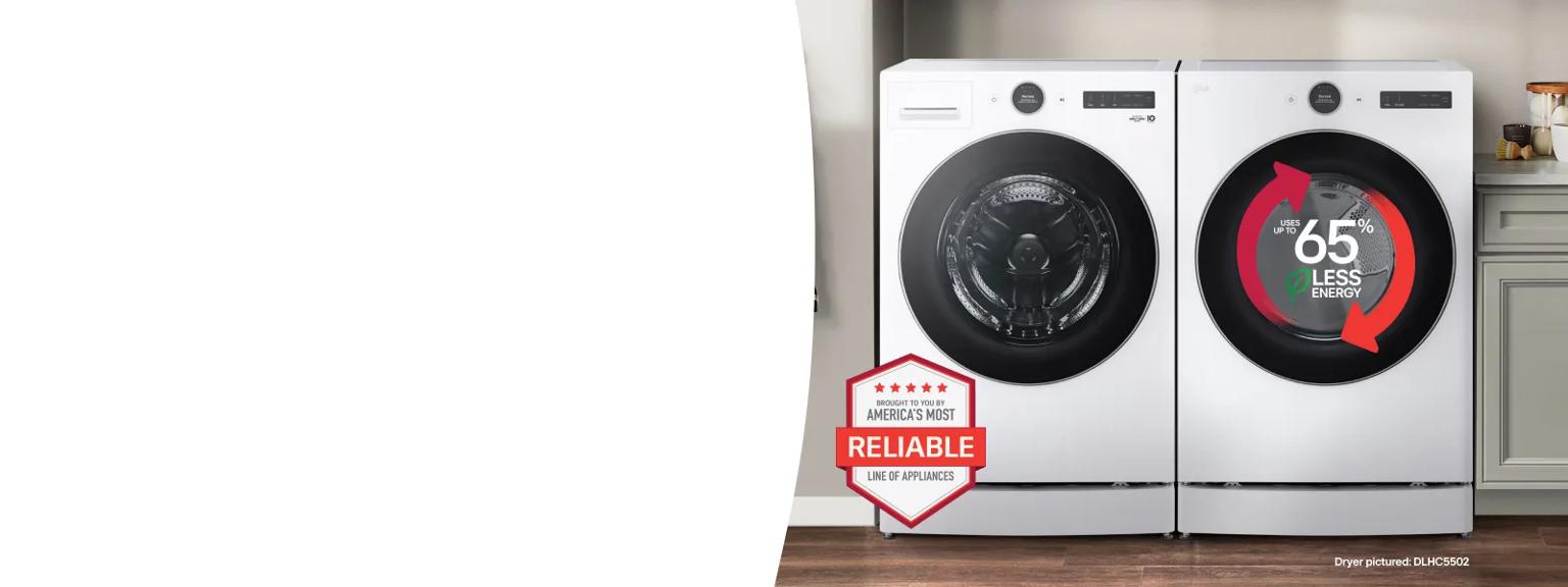 ALT TEXT:

An LG washer and DLHC5502 dryer appear side-by-side in a laundry room setting. On the dryer, a graphic appears reading “Uses up to 65% less energy”. “America’s Most Reliable Line of Home Appliances” badge appears on the bottom left of the scene.