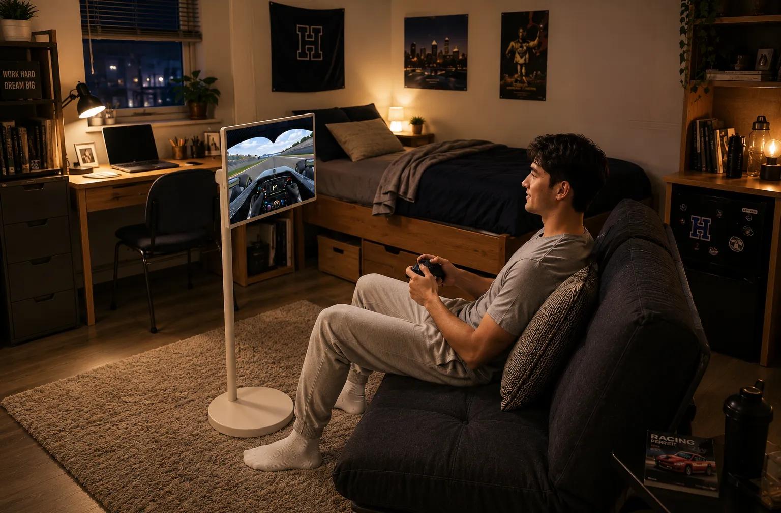 Young man sitting on a sofa in a bedroom playing a racing video game on LG StanbyME 2.