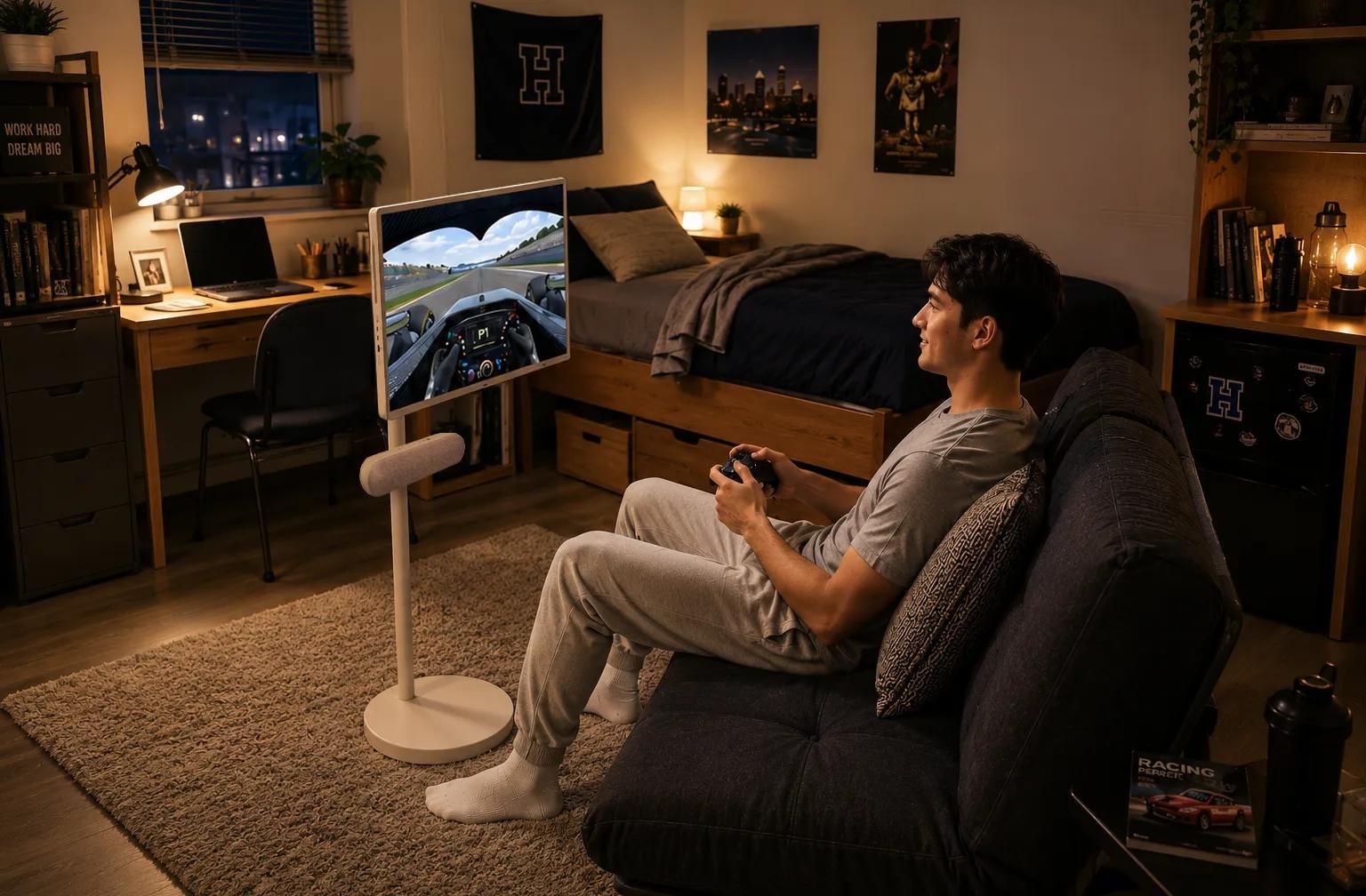 Young man sitting on a sofa in a bedroom playing a racing video game on LG StanbyME 2.