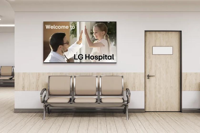 Hospital waiting room with an LG Hospital TV above the seats