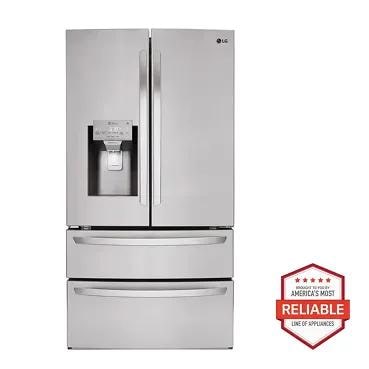 A badge next to this LG refrigerator says, Brought to you by America's most reliable line of appliances.