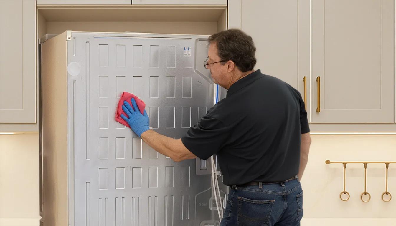 A technician wearing blue gloves using a pink cloth to wipe down and sanitize the rear exterior panel of a LG refrigerator.