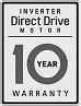 A square gray badge reads “Inverter Direct Drive Motor 10-Year Warranty.”