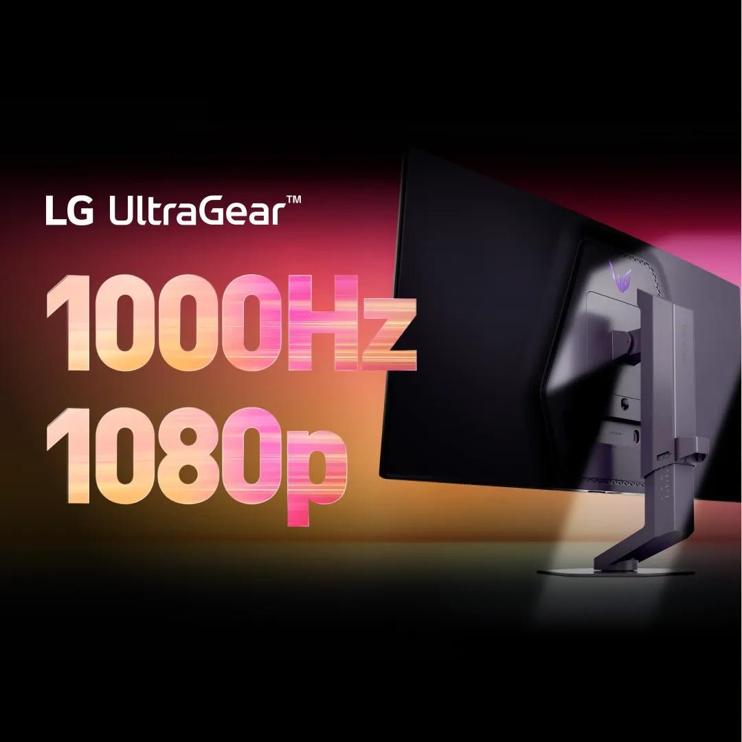 LG UltraGear gaming monitor displayed at an angle showcasing its slim profile and stand, with bold text reading 1000Hz and 1080p against a warm gradient background in red, orange, and pink.