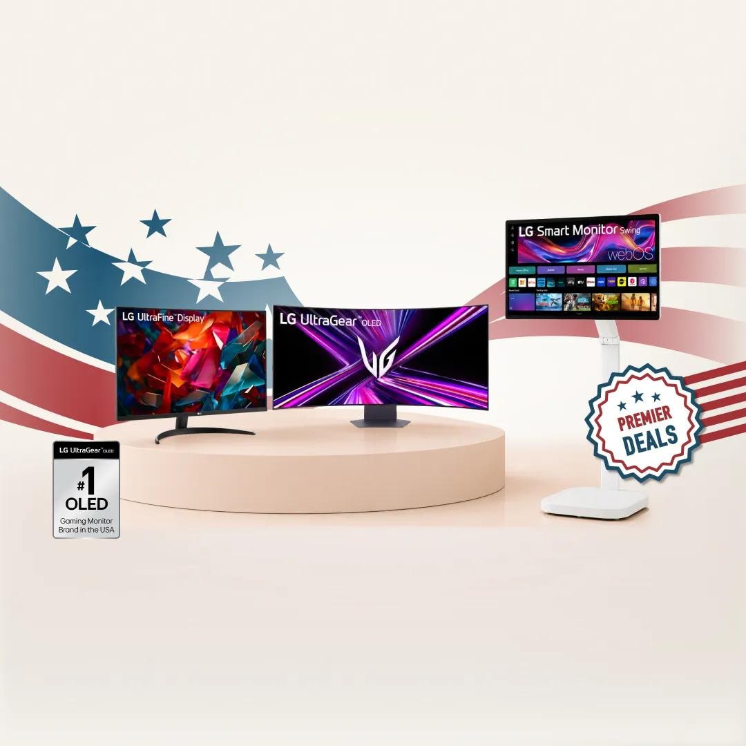 “4th of July Savings Event” title badge. A group of LG monitors and a Monitor Swing on a stars and stripes background. “Premier Deals” badge. “LG UltraGear OLED: #1 OLED Gaming Monitor Brand in the USA” badge.
