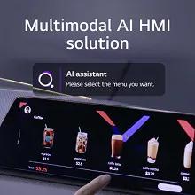 User interacting with touchscreen interface powered by multimodal AI HMI solution, selecting coffee menu with AI assistant prompt.