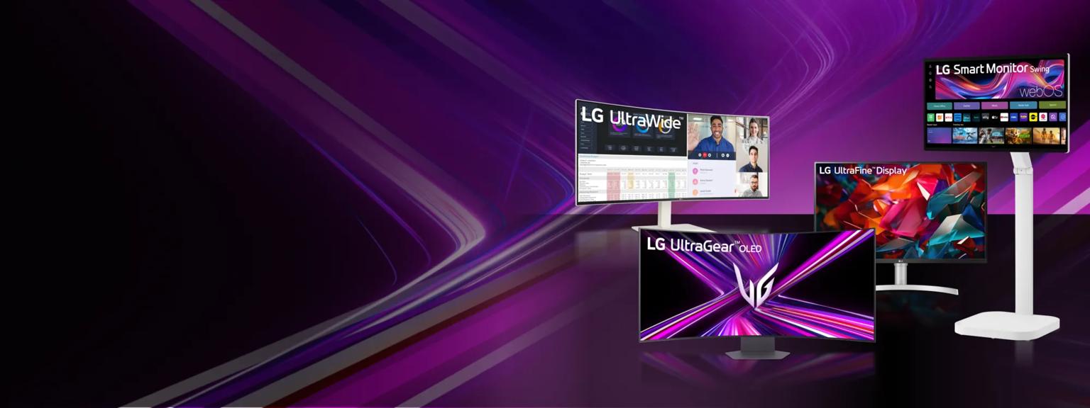Various LG monitors and lifestyle screens appear on a purple and black background.