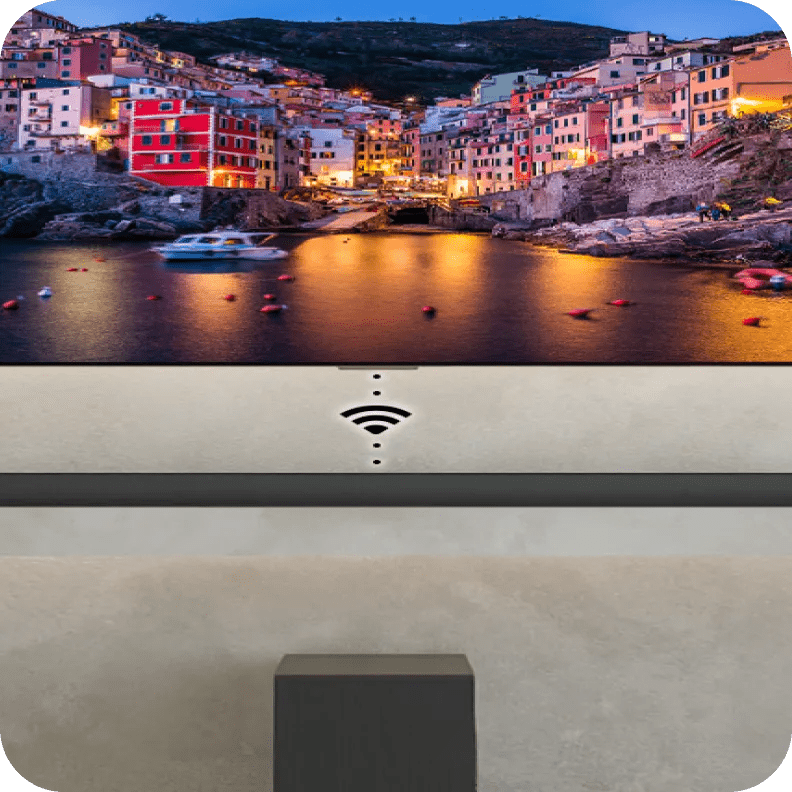 LG TV showing a colorful port town at dusk, with soundbar below. WiFi symbol illustrates easy setup and sync between the TV and soundbar.