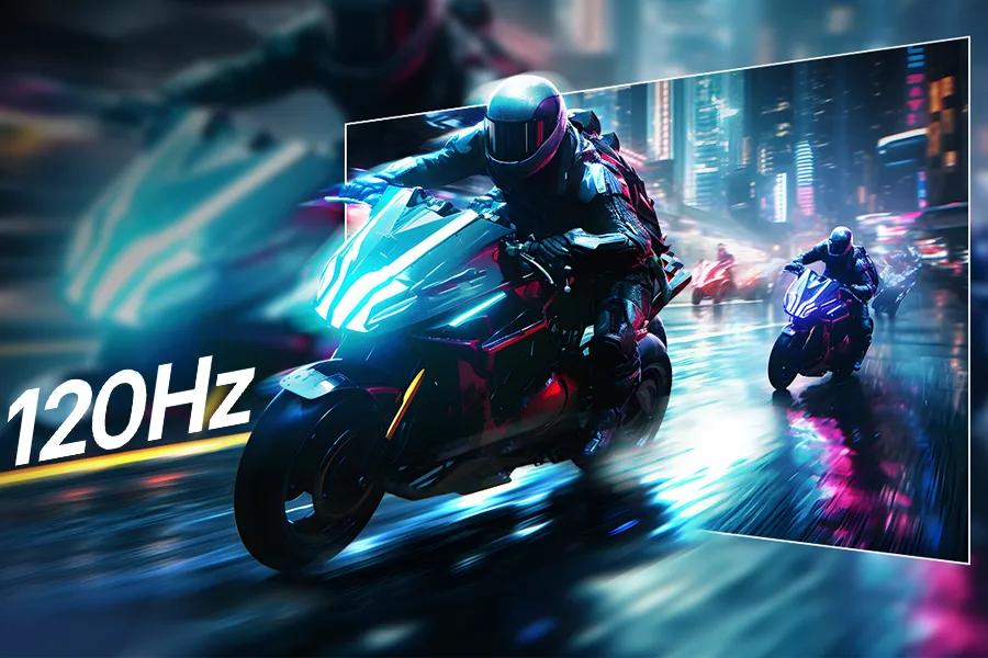 34U601B-B UltraWide Monitor with 120Hz refresh rate showing motorcycle racing game with smooth motion and vibrant colors