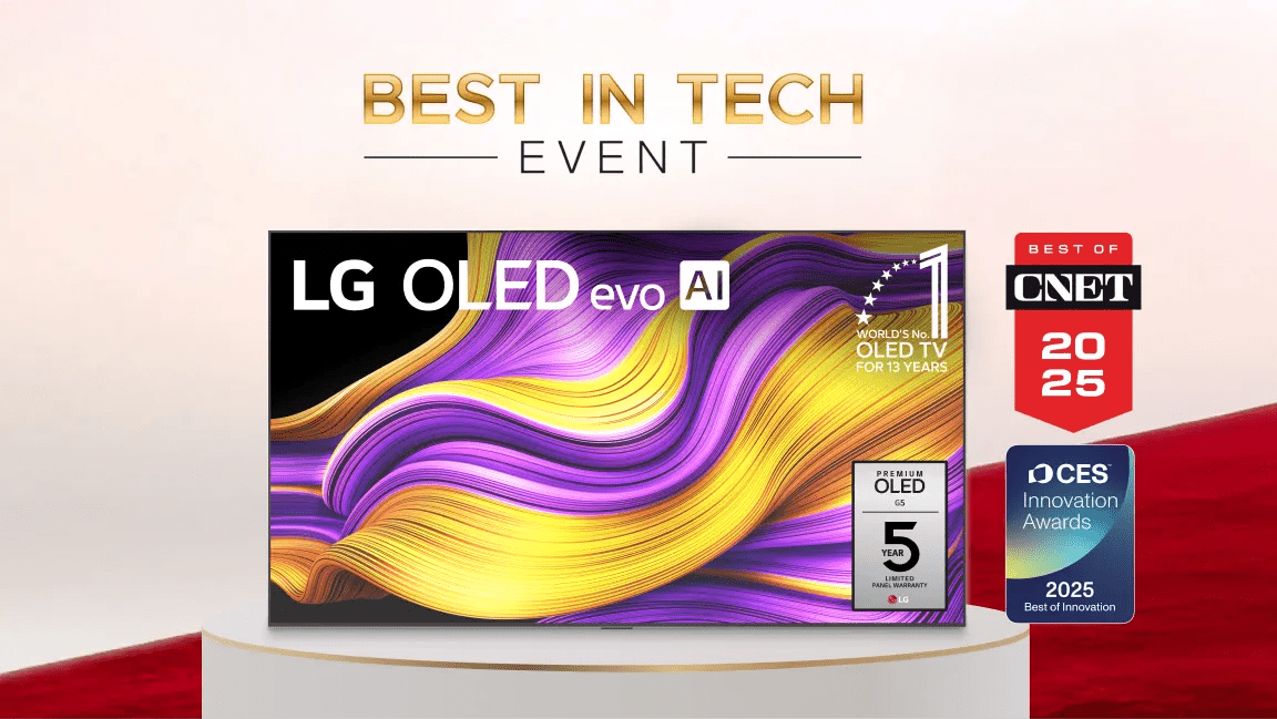 An LG OLED TV displayed on a white pedestal, showing a vivid abstract swirl of purple, gold and yellow colors, set against a red gradient background with award-style badges, including “Best of CNET 2025” and “CES Innovation Awards 2025,” arranged along the side in a polished, premium promotional layout.