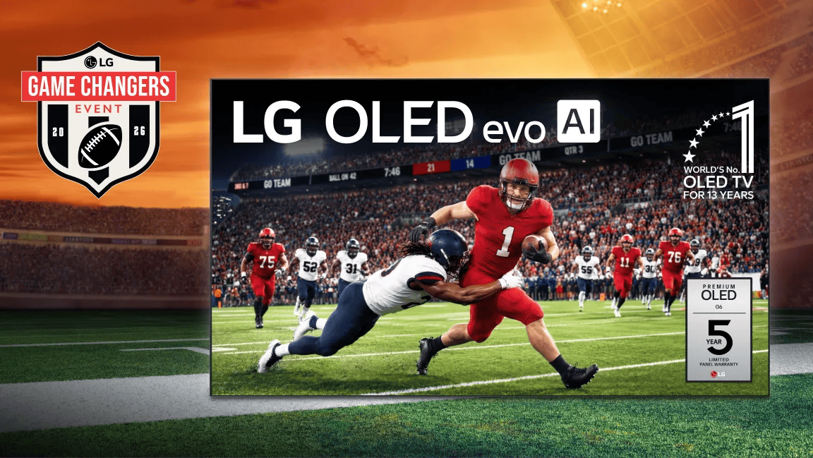 LG Game Changers Event 2026 graphic featuring an LG OLED evo AI TV displaying an American football game, with badges reading 'World's No. 1 OLED TV for 13 Years' and 'Premium OLED 5 Year Limited Panel Warranty