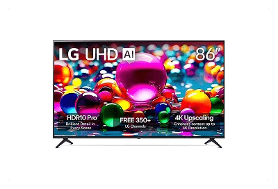 A front-facing image of an LG 86UA7700PUA TV with colored marbles on the screen. It has badges that read “HDR10 Pro, Brilliant Detail in Every Scene,” “FREE 350+ LG Channels,” and “4K Upscaling, Enhances content up to 4K resolution.”