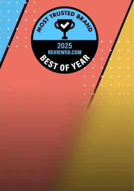 Badge graphic reading ‘Most Trusted Brand 2025 Reviewed.com Best of Year,’ featuring a trophy icon in the center against a background with blue, red, and yellow diagonal sections and dotted accents.
