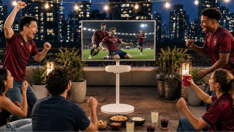 A group of friends cheer as they watch a soccer match celebration on an LG StanbyME 2 and speaker on a city rooftop surrounded by lit buildings.