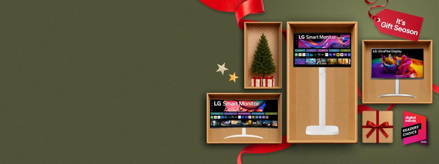 “It’s Gift Season” tag. Various LG electronics and holiday-themed items appear on a gift box collage layout. “Digital Trends Readers’ Choice Best Monitor Brand 2025” badge.