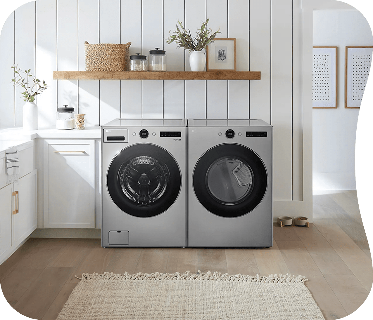LG washer and dryer in laundry room with Consumer Reports recommended logo