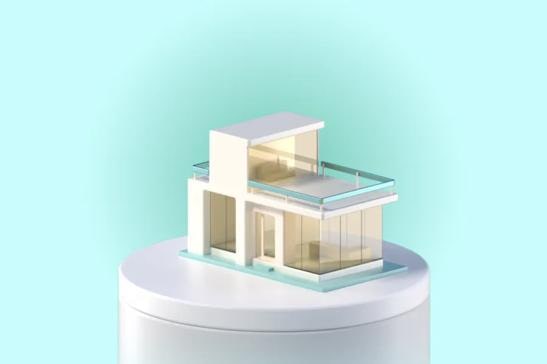 Model of a modern two-story building with glass windows and a balcony on a white pedestal.