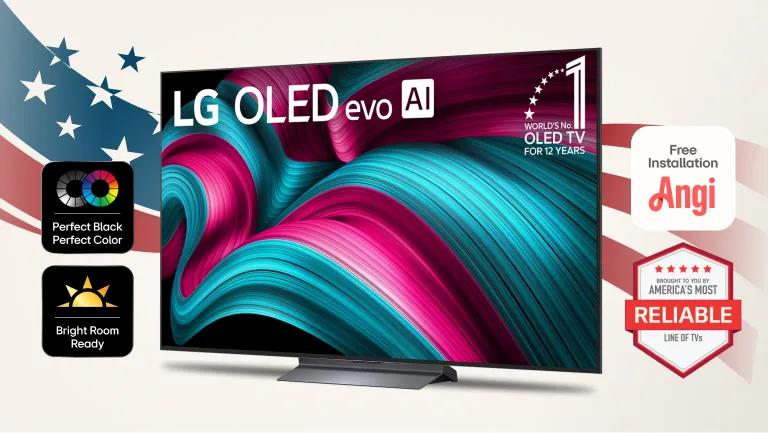 An LG OLED TV appears on a stars and stripes background. “Angi Free Installation”, “America’s Most Reliable line of TVs”, “Perfect Black, Perfect Color” and “Bright Room Ready” badges.