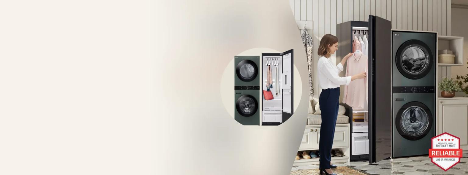 A woman removes a fresh blouse from her Styler® Steam Closet, situated beside an LG WashTower in a stylish laundry room setting. “America’s Most Reliable Line of Home Appliances” badge.