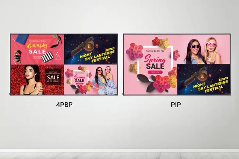Two LG signage displays, showcasing 4PBP (four picture by picture) and PIP (picture in picture) modes