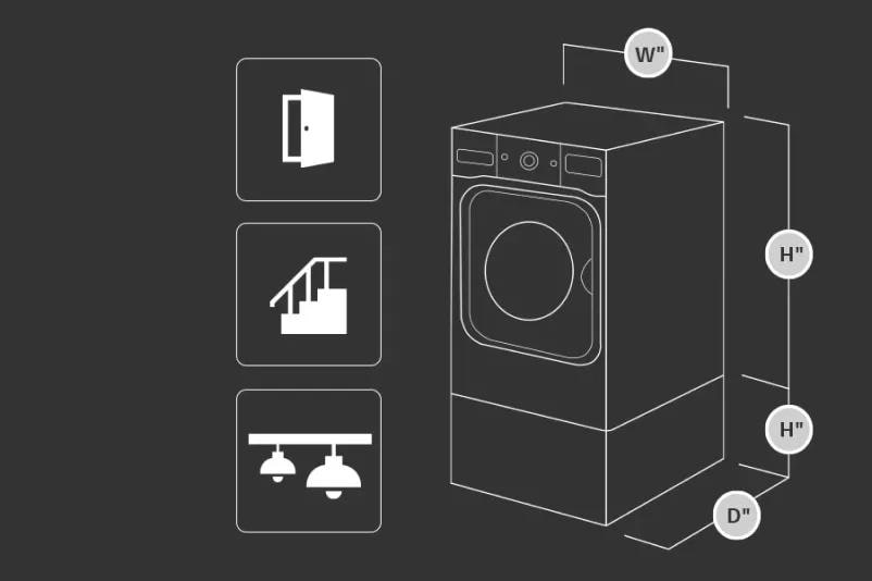 Laundry appliance depicting width height and depth measurements