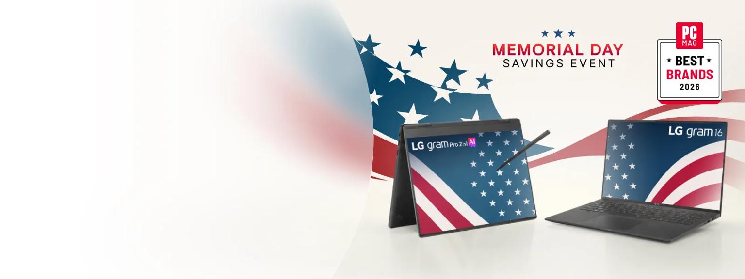 “Memorial Day Savings Event” title badge. 2 LG gram laptops appear on a stars and stripes background. “PC Mag Best Brands” badge.