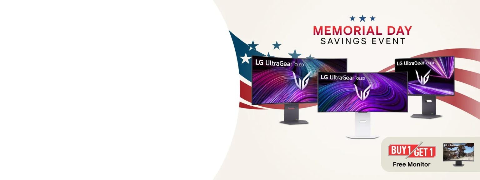 “Memorial Day Savings Event” title badge. A group of monitors on a stars and stripes background. pop-out of a qhd monitor and the text “FREE MONITOR”.