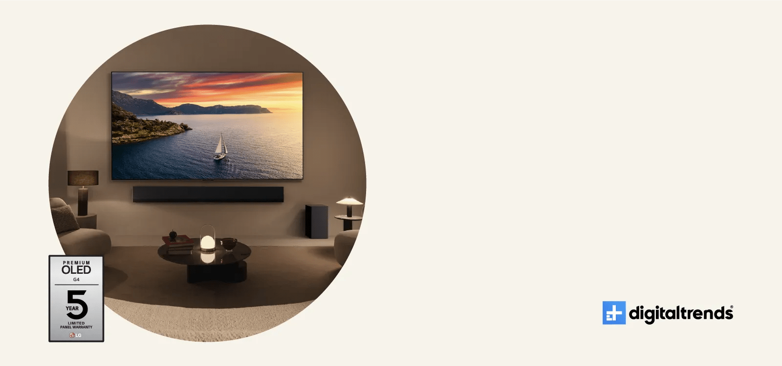 Wall-mounted TV in a living room. Premium OLED G4 5 Year Limited Panel Warranty badge. Digital Trends logo.