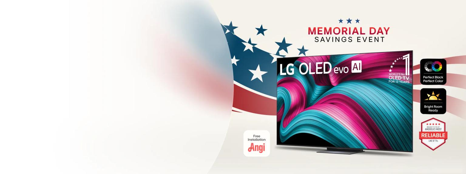 'Memorial Day Day Savings Event' title badge. An LG OLED TV on a stars and stripes background. 'America’s Most Reliable Line of TVs', 'Perfect Black, Perfect Color', 'Angi Free Installation' and 'Bright Room Ready' badges.