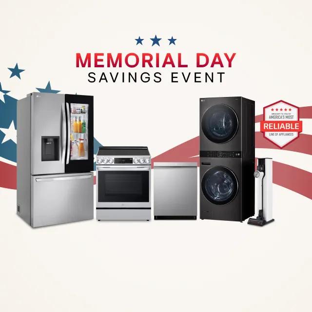 A group of LG home appliances in front of graphic of American Flag. “Memorial Day Savings Event” badge appears above.