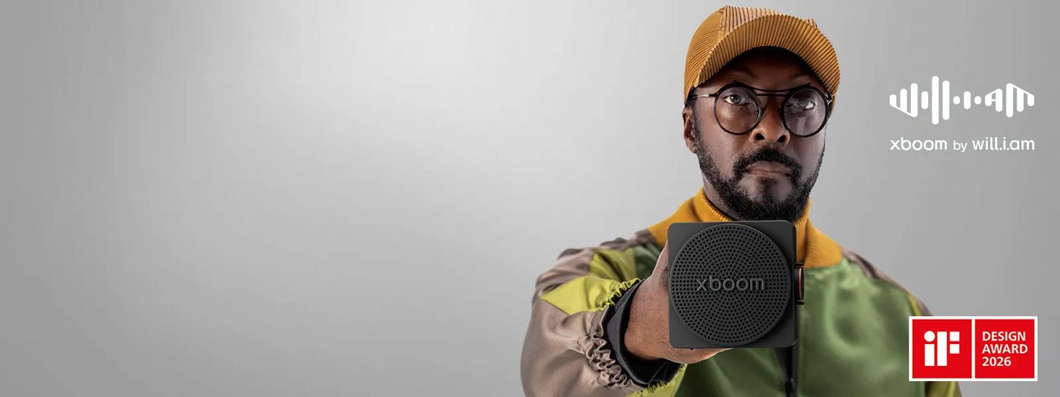 MINI_ANOALBK LG xboom portable speaker with compact square design shown against gray background with xboom by will.i.am logo and iF Design Award 2026 badge