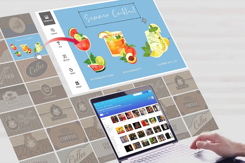 Digital design interface showing a "Summer Cocktail" graphic being created with cocktail images.