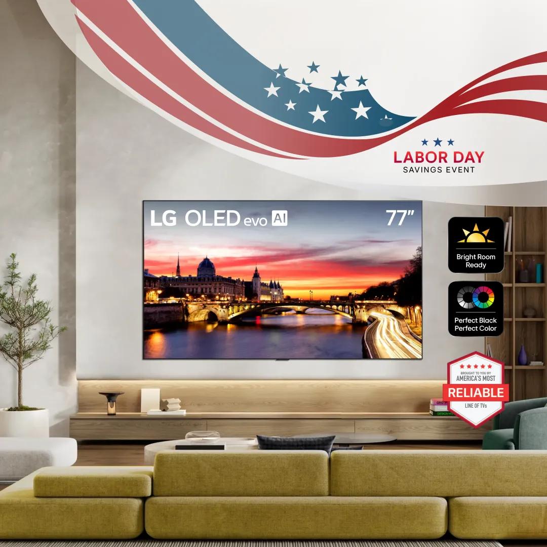 LG OLED evo AI 77-Inch TV wall-mounted in a living room displaying a vibrant cityscape at sunset, with feature callouts Bright Room Ready and Perfect Black Perfect Color, with Brought to You by America's Most Reliable Line of TVs badge, and Labor Day Savings Event text with red, white, and blue ribbon and stars graphic.