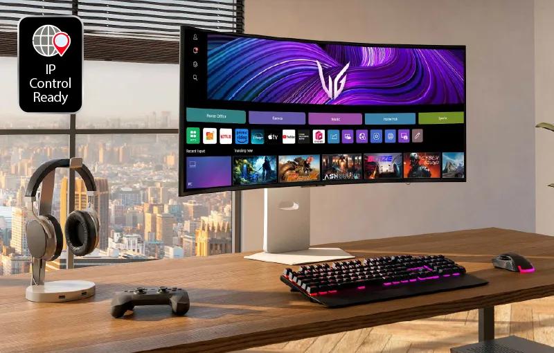 A desktop gaming setup. IP Control Ready Badge.