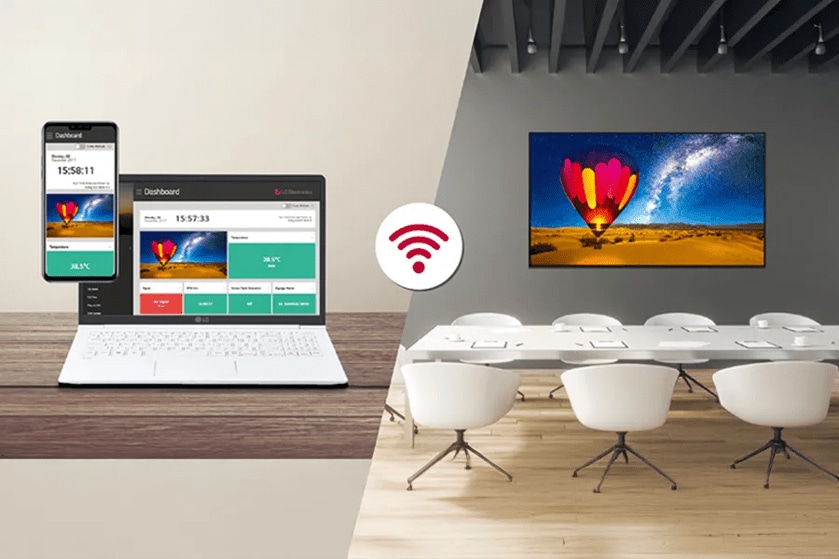 A split image showing a phone and laptop with a digital dashboard on a wooden surface and a conference room with a large screen displaying a hot air balloon.