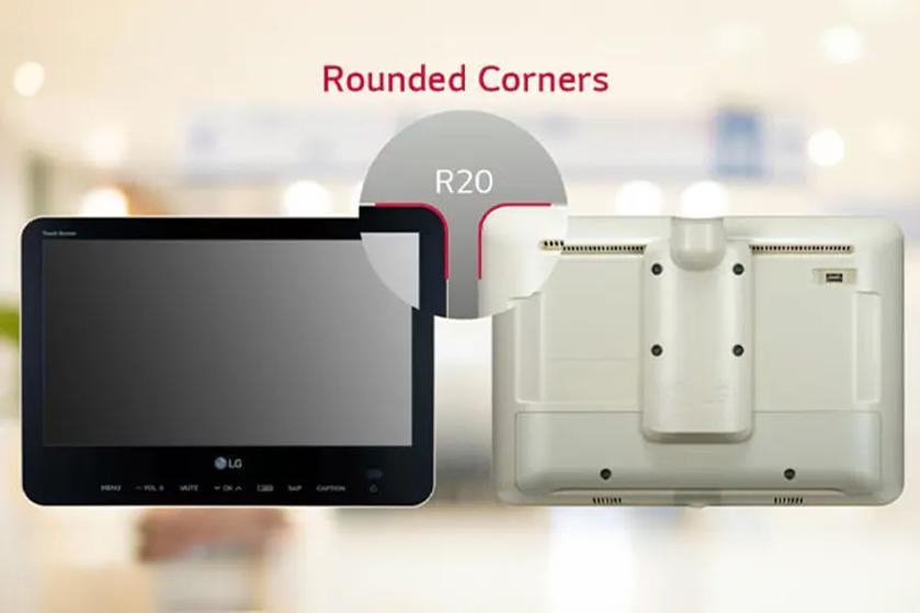 LG hospitality TV with rounded corners, highlighted with a curve radius of R20.
