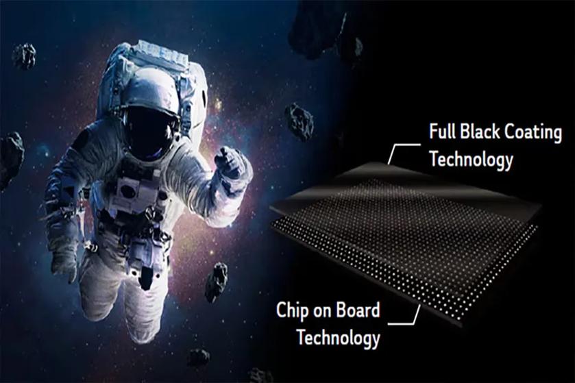 The image features an astronaut in a white spacesuit floating in space, surrounded by several small asteroids. The background is a deep blue and black starry sky with hints of nebula colors in purple and pink. To the right, there is a graphical representation of a dark, rectangular panel displaying white dots, labeled to illustrate "Chip on Board Technology" and "Full Black Coating Technology."