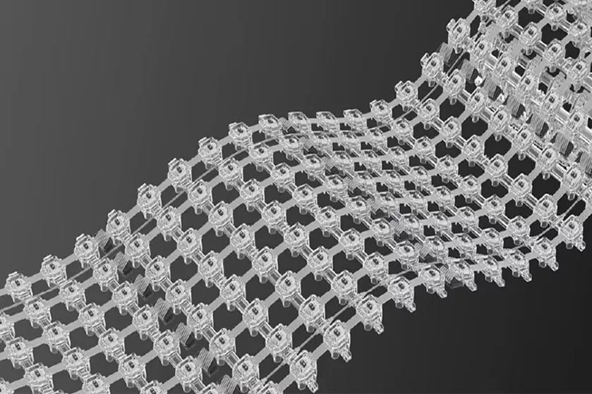 Transparent wavy lattice structure against a dark background.