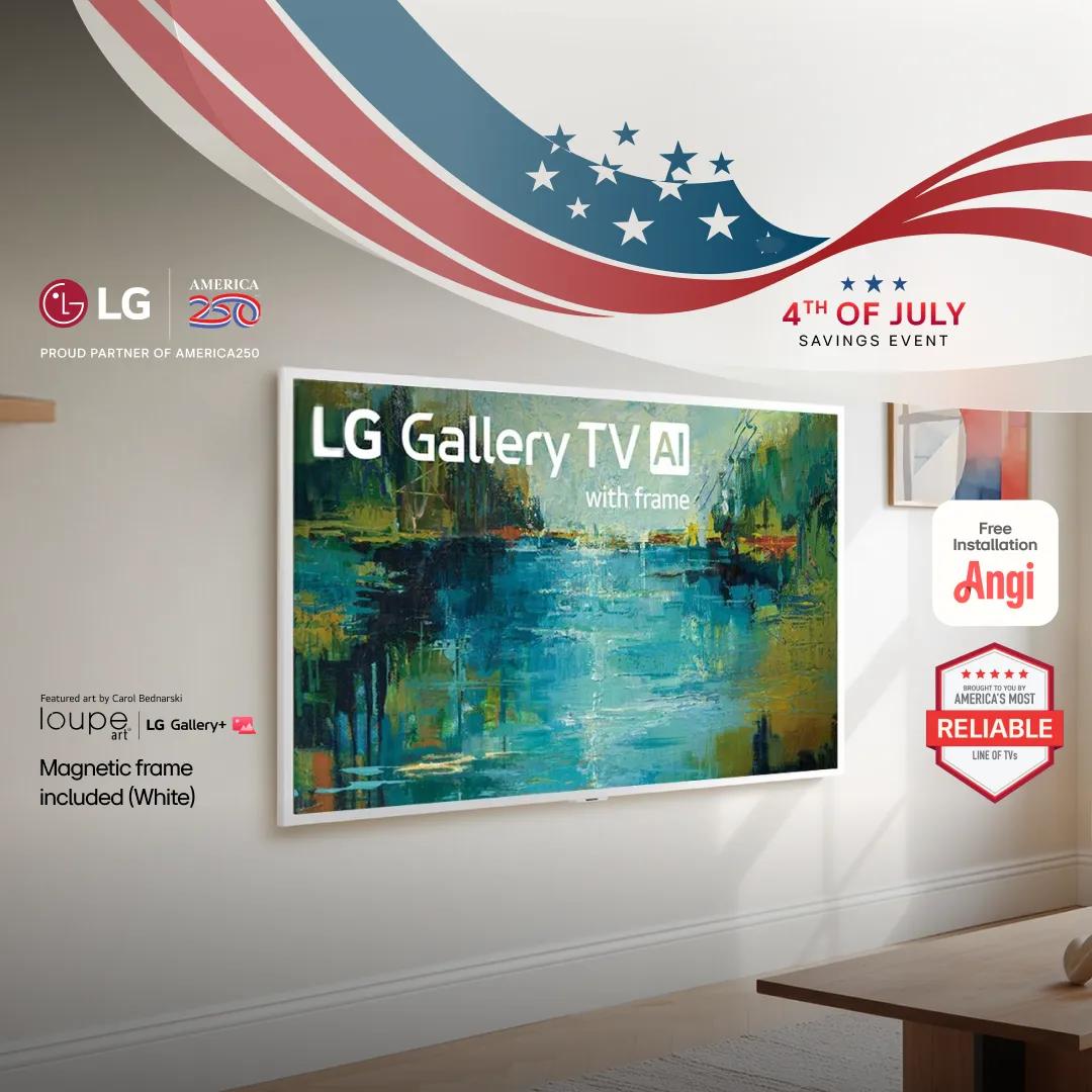 An LG Gallery TV appears on a stars and stripes background. “Angi Free Installation” and “America’s Most Reliable line of TVs” badges. 

Text at bottom reads: Featured art by Carol Bednarski: Loupe Art | LG Gallery+
