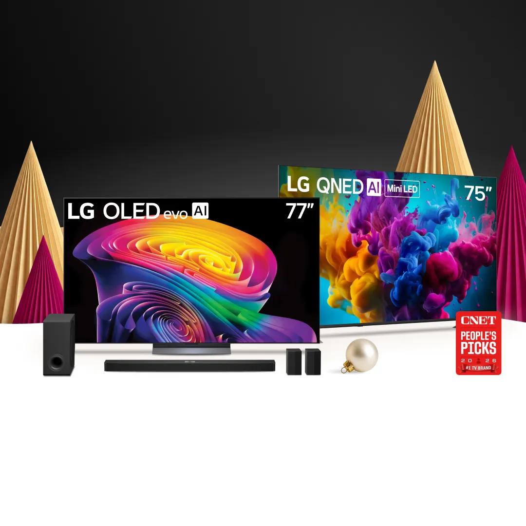 LG 77" OLED evo AI TV and 75" QNED AI Mini LED TV with a soundbar, subwoofer and rear speakers, set among gold and magenta paper holiday trees. CNET People’s Picks 2026 #1 TV Brand badge.