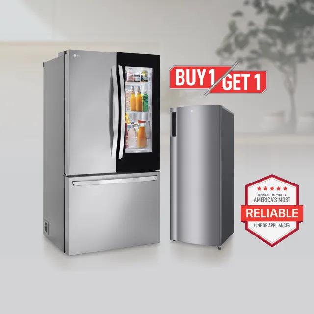 2 fridges appear side-by-side. “Buy 1, Get 1” badge above. “America’s Most Reliable Line of Home Appliances” badge below. 