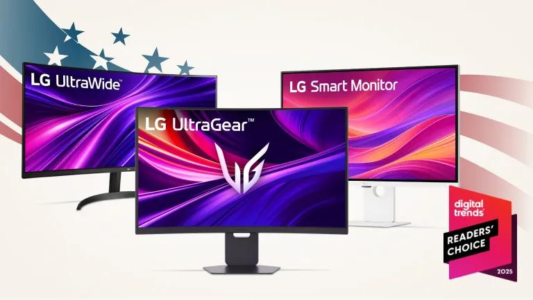 A group of LG monitors on a stars and stripes background. “digital trends” badge.