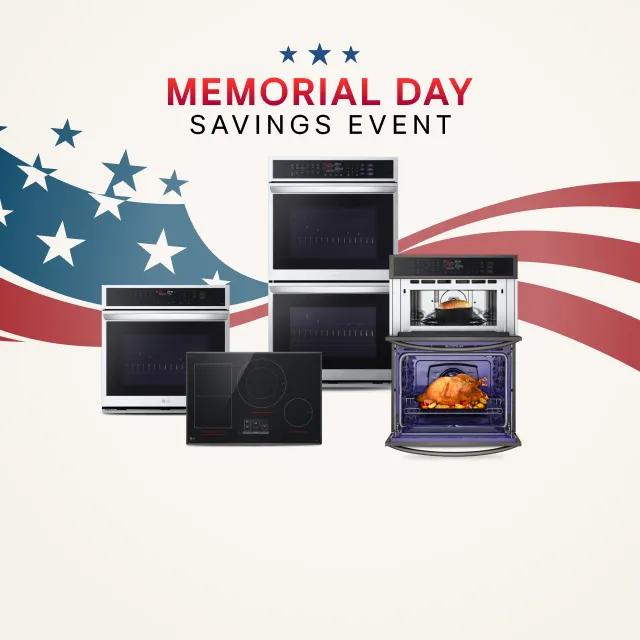  'Memorial Day Savings Event' title badge. A group of cooking appliances on a stars and stripes background.